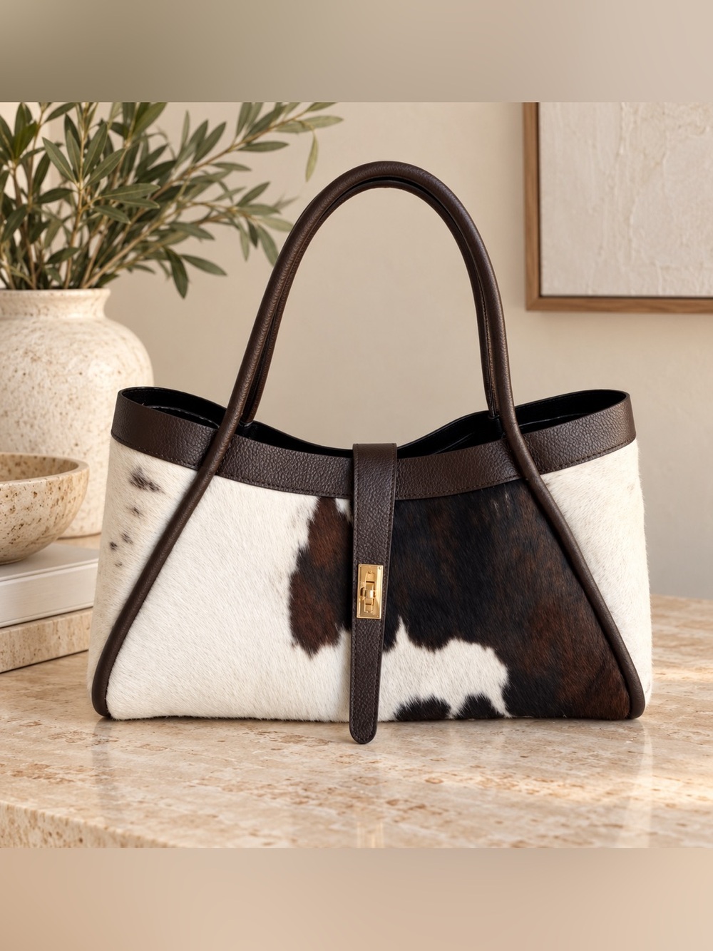Cowhide Tote Bag with Dark Brown Trim